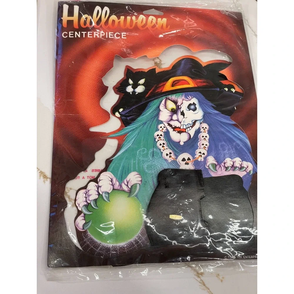 Vintage 80s Halloween Witch Cauldron Cat Skull Scary Honeycomb Centerpiece Decor